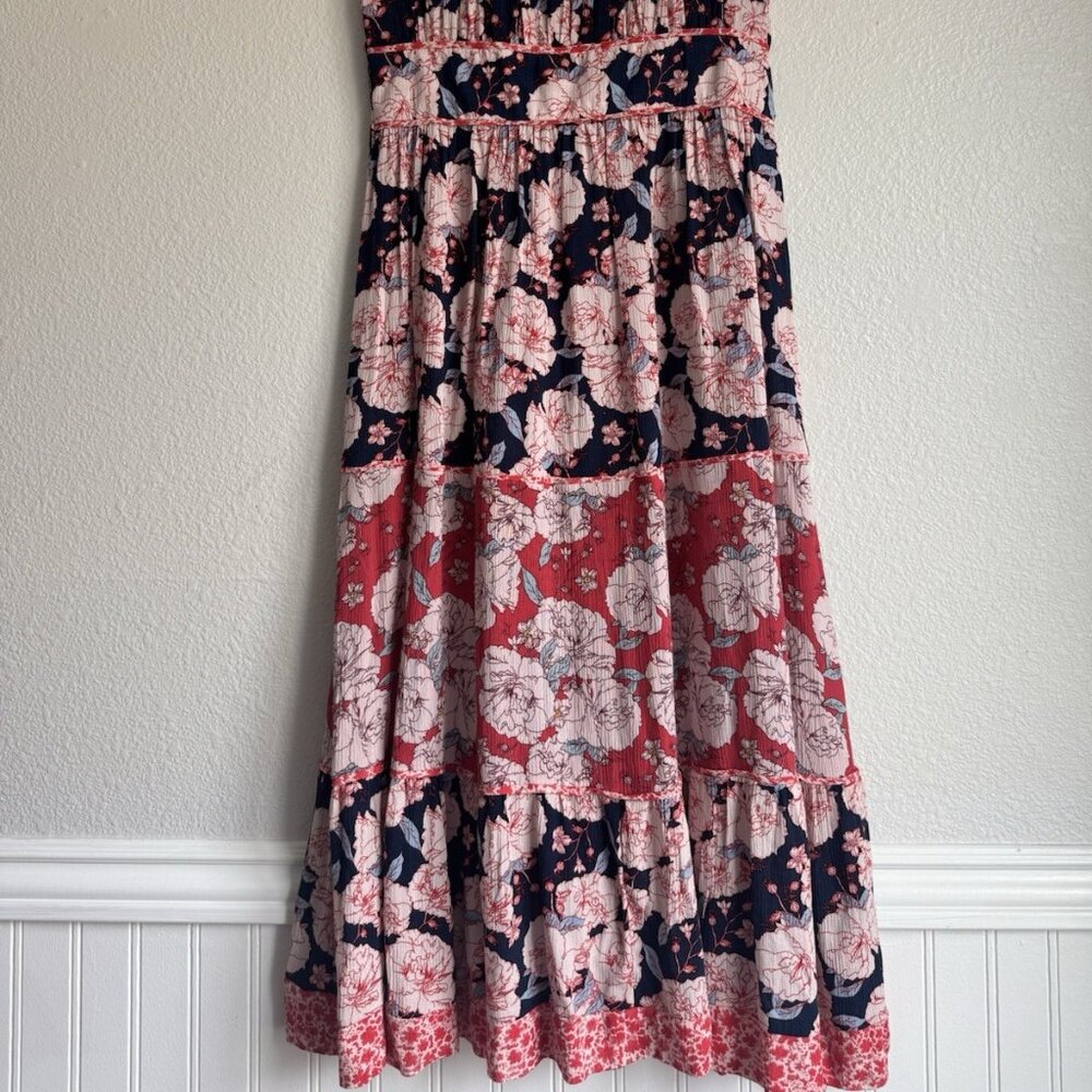 NWT! Knox Rose Women Dress Red Blue Floral Boho Maxi Short Sleeve Peasant - Picture 2 of 6
